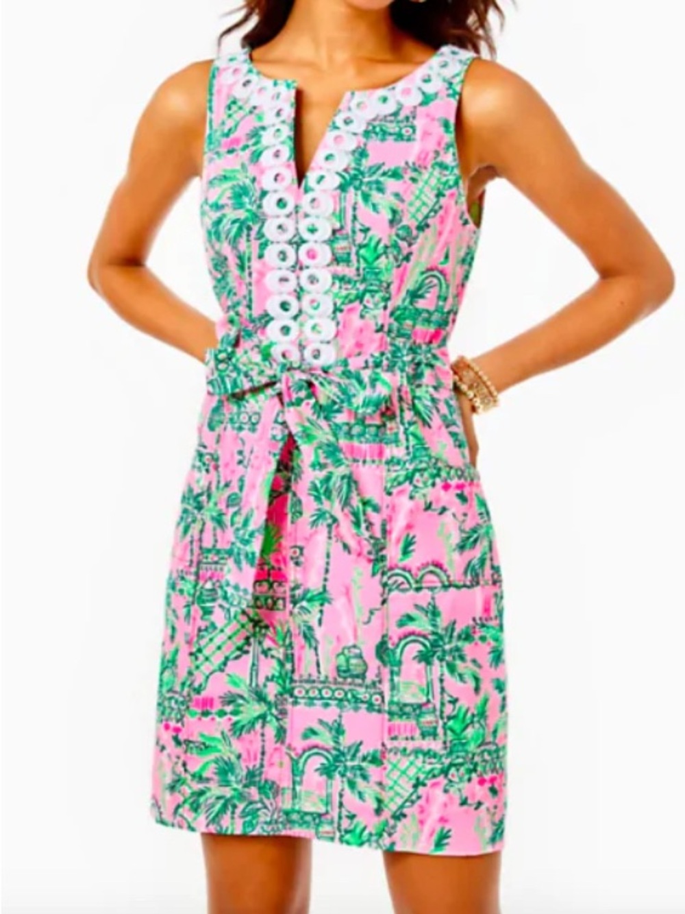 Lilly Pulitzer Pink & Green Tropical Eyelet-Trim Mini Dress #7